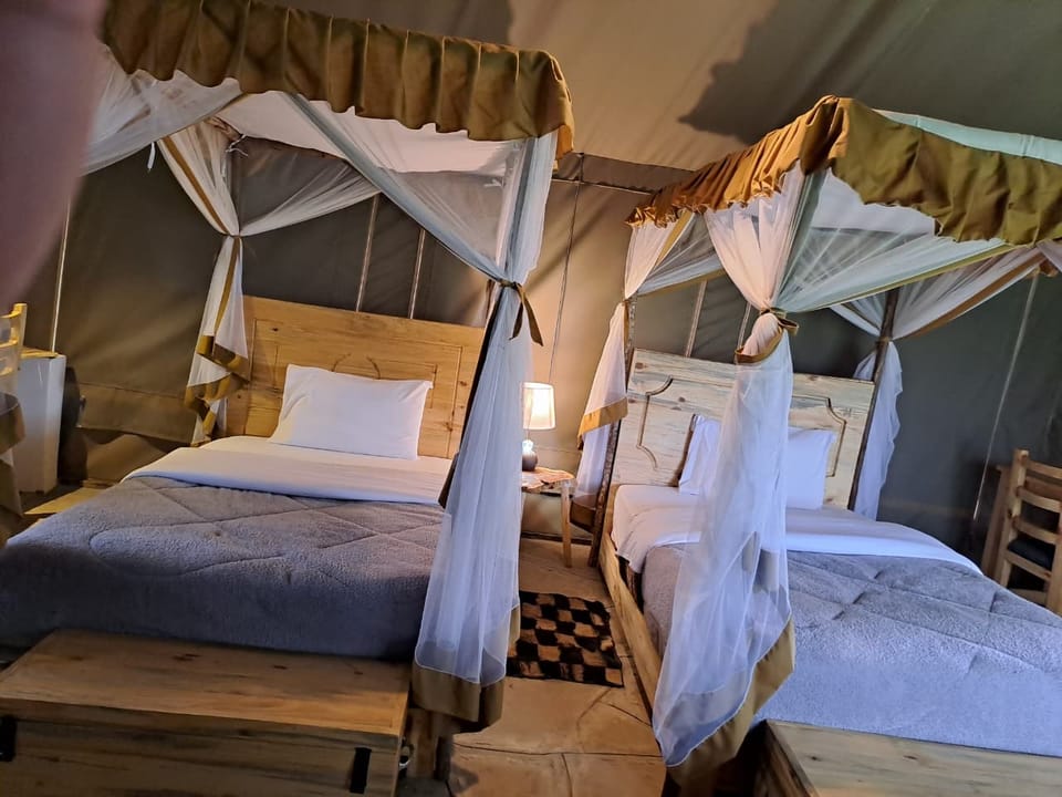 Twin tented suite at dusk
